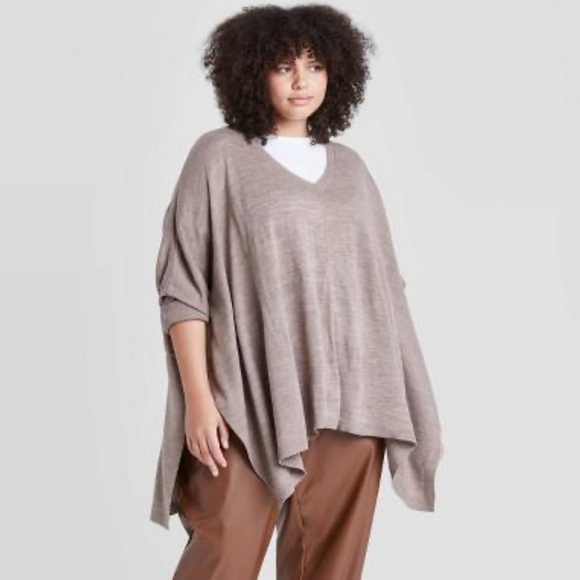 A New Day Tan Oversized V-Neck Sweater Poncho One Size - Picture 2 of 7